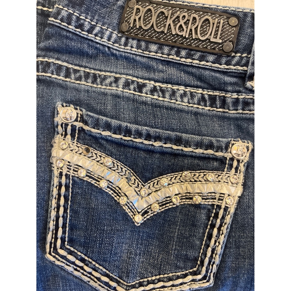 Rock and Roll Cowgirl Mid Rise‎ Bootcut Jeans Dark Wash Rhinestone W1-1534 30x30